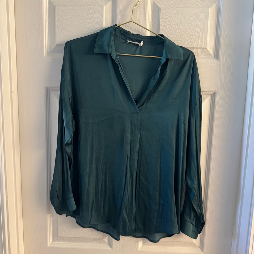 Lush Green V-Neck Collared Blouse